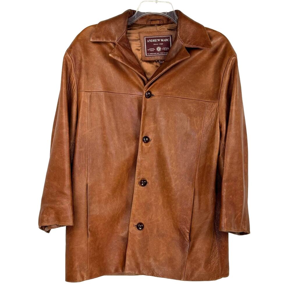 Andrew Marc Leather Car Coat S Brown Button Front Classic Heritage Luxury Jacket